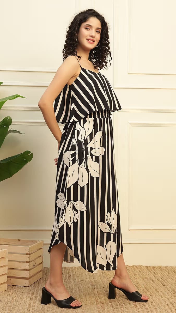 Women’s Black & White Striped Floral Printed Tiered Midi Dress with Overlay Bodice
