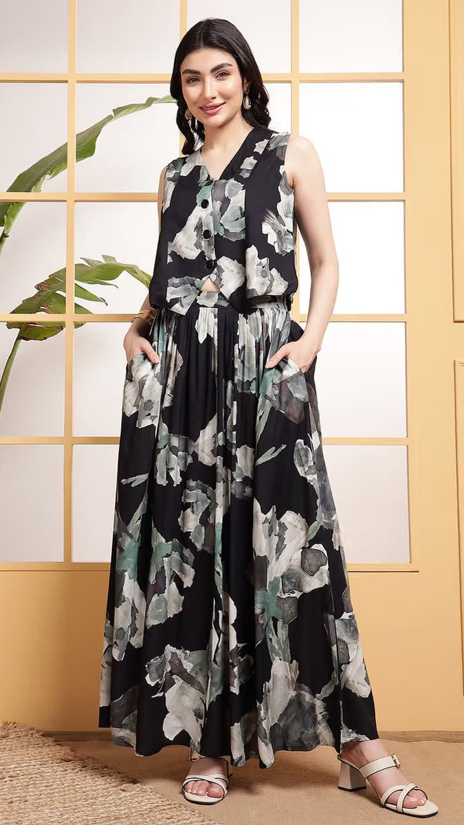 Women’s Black Abstract Printed 2-Piece Co-ord Set – Button-Front Crop Top & Wide-Leg Palazzo Pants