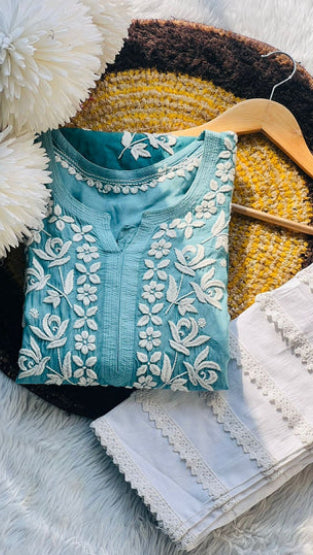 Women's Turquoise Blue Embroidered Kurta with Lace-Bordered Pants Set