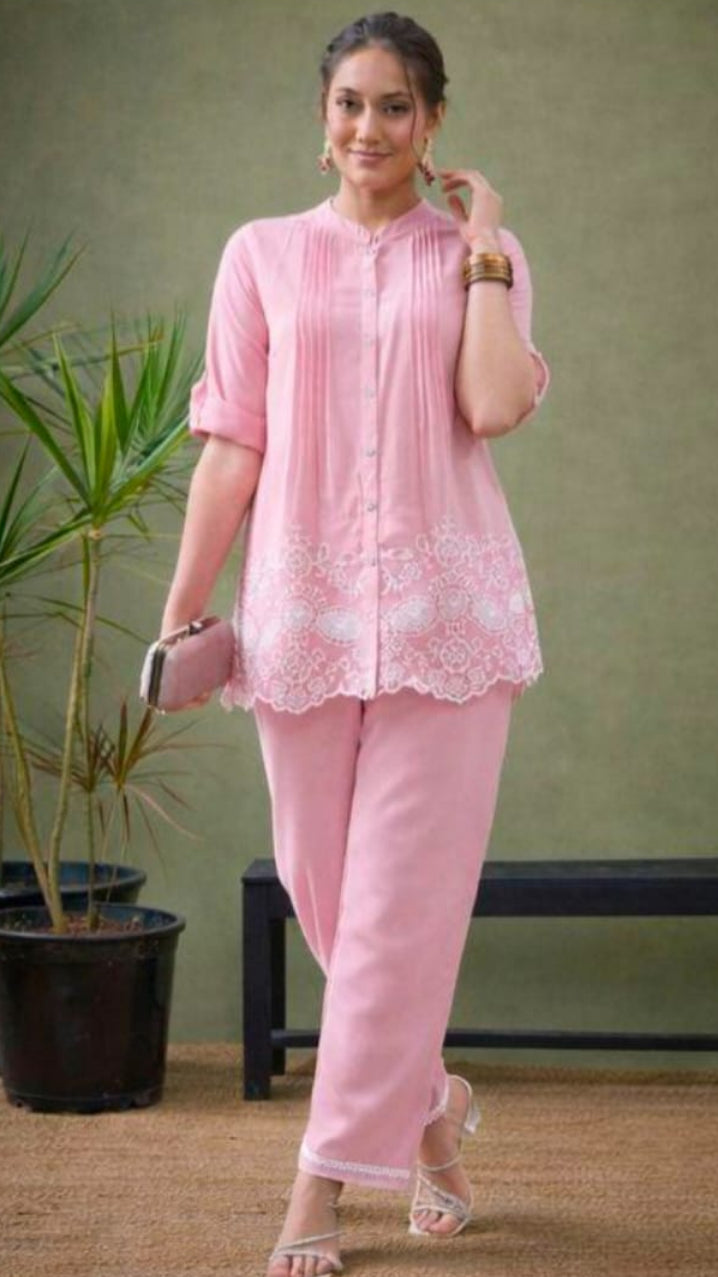 Women's Pink Pintuck & Schiffli Cutwork Shirt Tunic Co-Ord Set