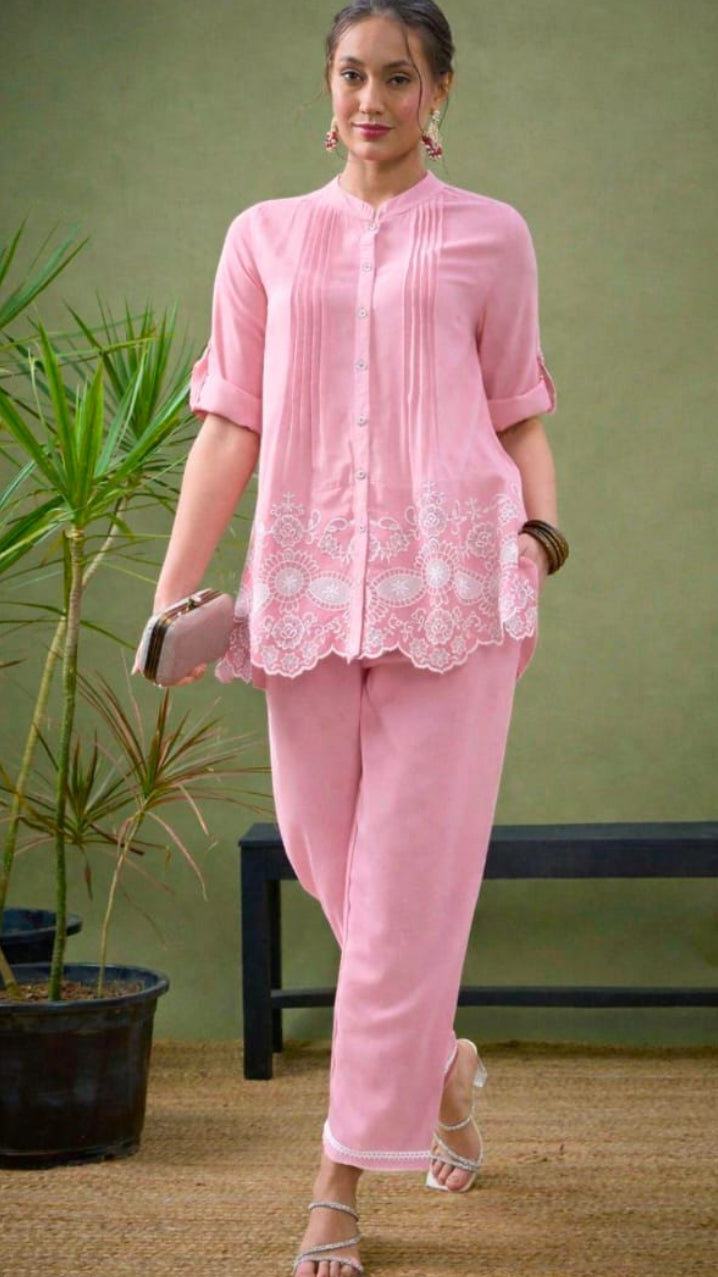 Women's Pink Pintuck & Schiffli Cutwork Shirt Tunic Co-Ord Set