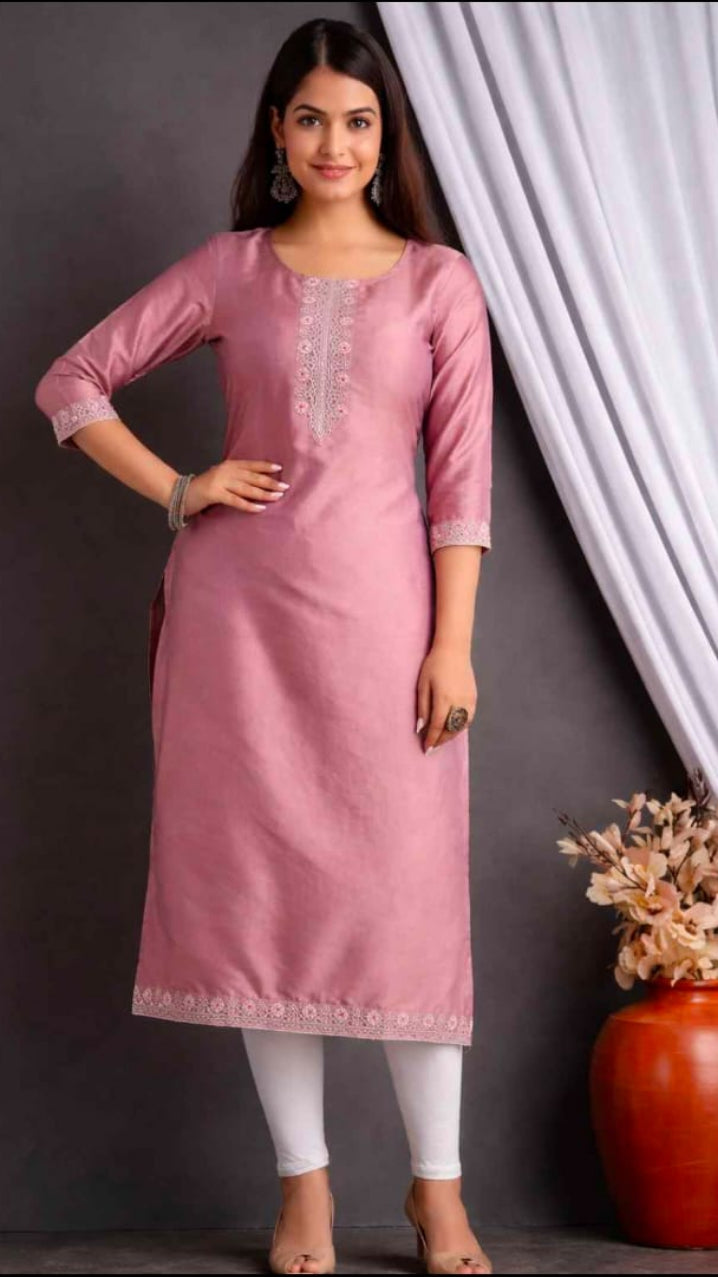 Women’s Dusty Pink Chanderi Silk Embroidered Straight Kurti with Leggings