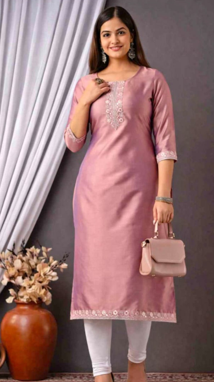 Women’s Dusty Pink Chanderi Silk Embroidered Straight Kurti with Leggings