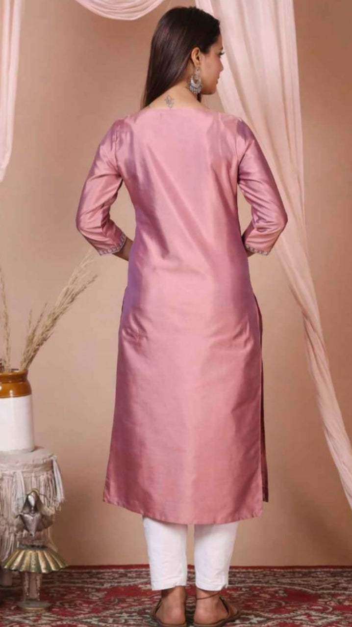 Women’s Dusty Pink Chanderi Silk Embroidered Straight Kurti with Leggings