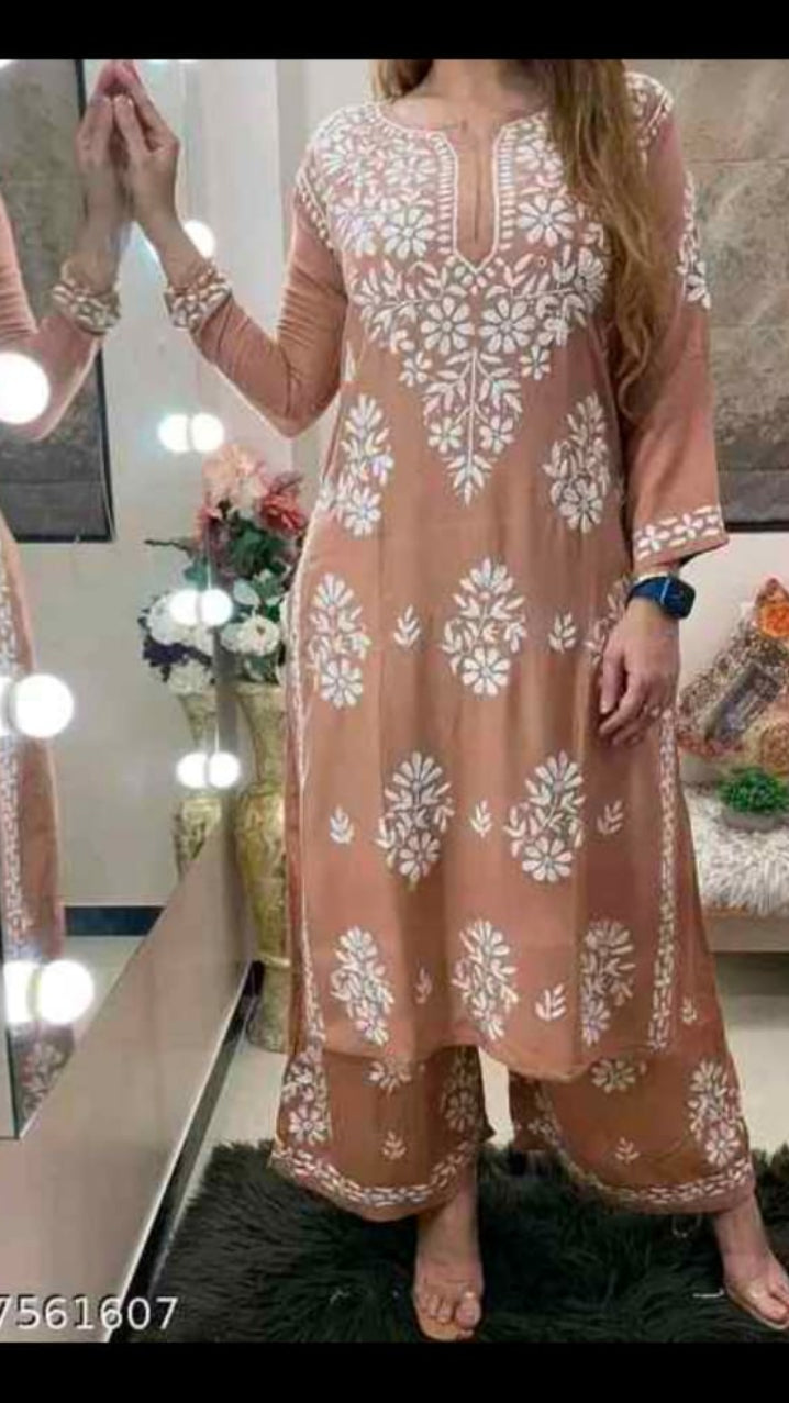 Women Chikankari Embroidered Straight Kurta with Palazzo Pants Set