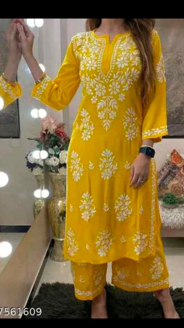 Women Chikankari Embroidered Straight Kurta with Palazzo Pants Set