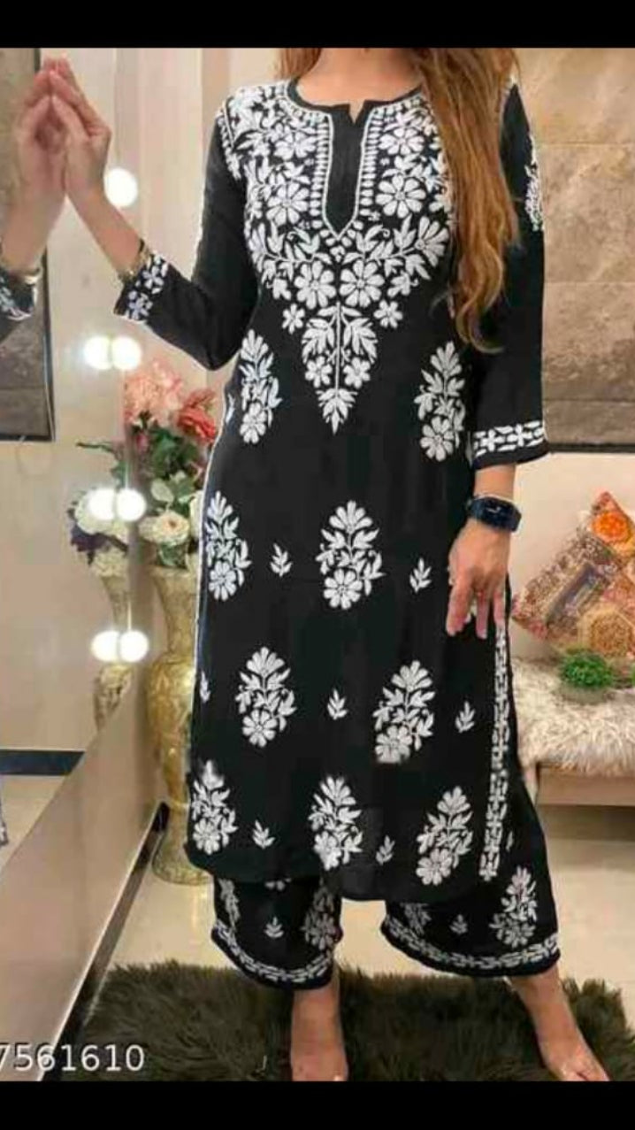 Women Chikankari Embroidered Straight Kurta with Palazzo Pants Set