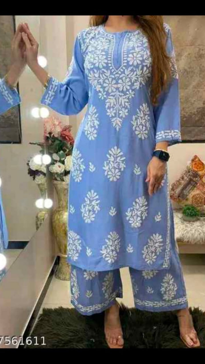Women Chikankari Embroidered Straight Kurta with Palazzo Pants Set