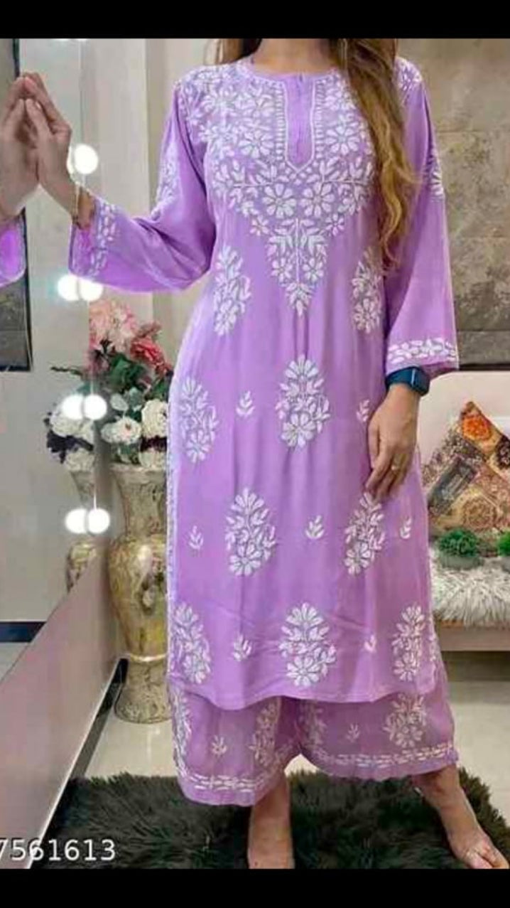 Women Chikankari Embroidered Straight Kurta with Palazzo Pants Set