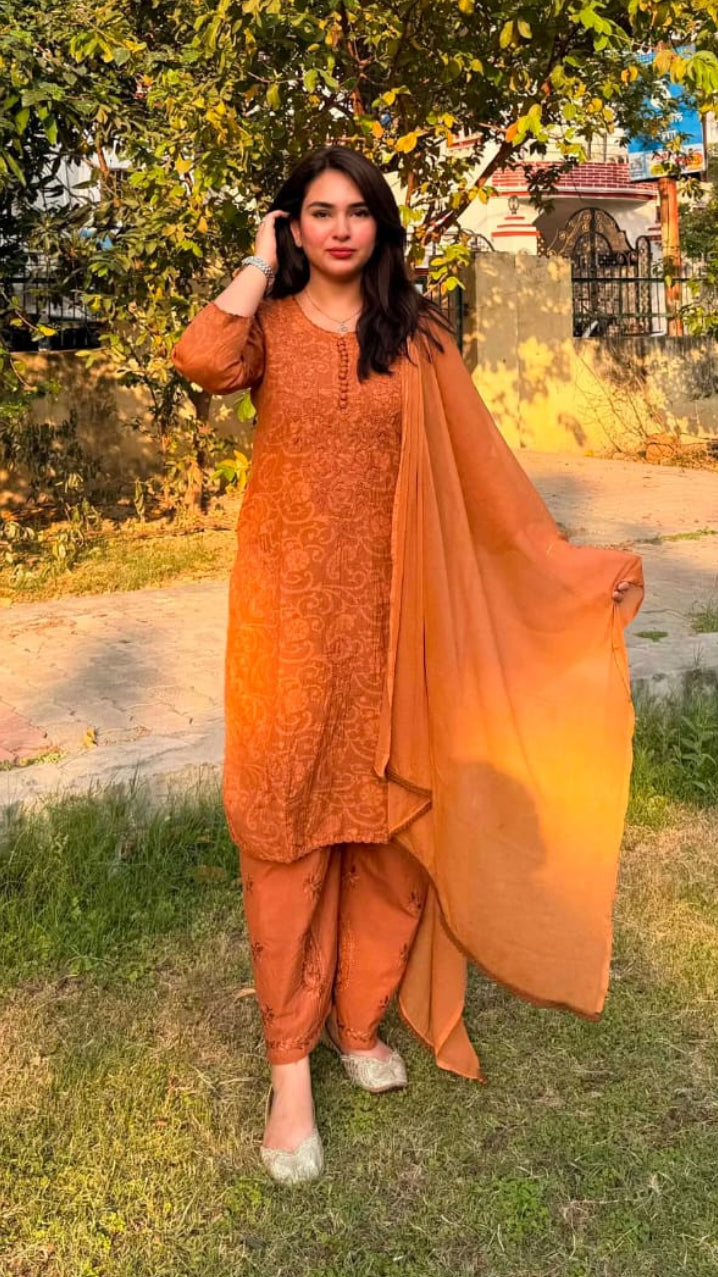 Women’s Rust Orange Embroidered 3-Piece Chikankari Suit Set – Kurta, Palazzo Pants & Chiffon Dupatta