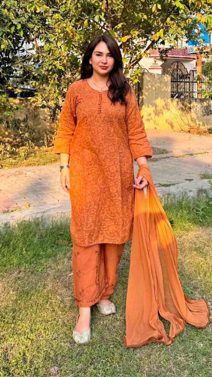Women’s Rust Orange Embroidered 3-Piece Chikankari Suit Set – Kurta, Palazzo Pants & Chiffon Dupatta