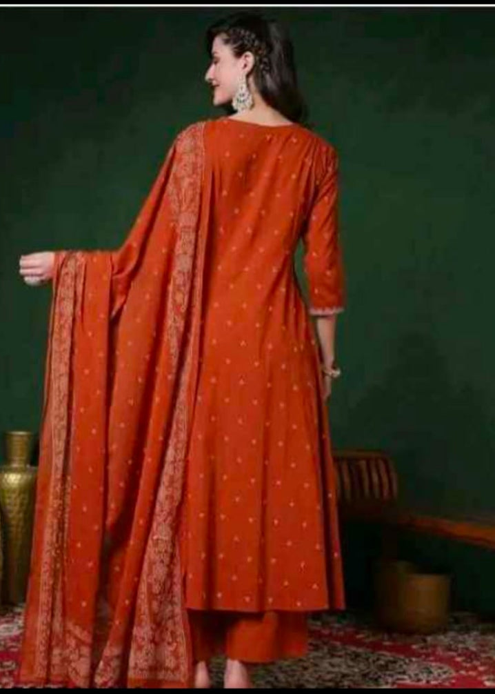 Women’s Rust Orange Embroidered Anarkali Kurta with Palazzo Pants Set