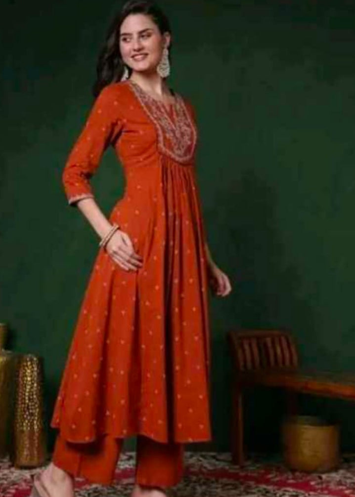 Women’s Rust Orange Embroidered Anarkali Kurta with Palazzo Pants Set