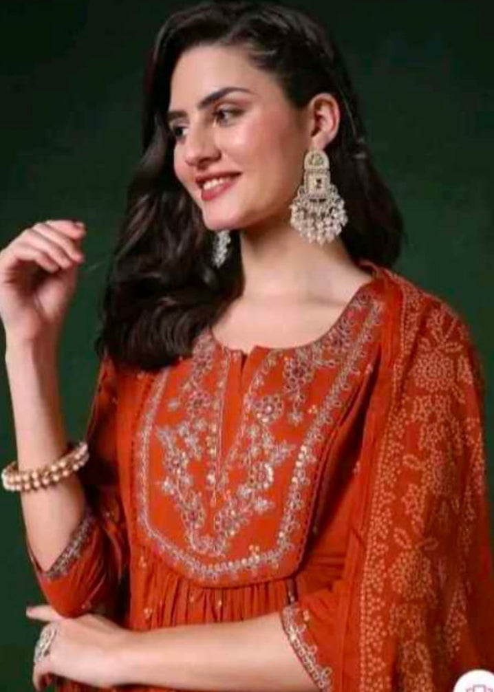 Women’s Rust Orange Embroidered Anarkali Kurta with Palazzo Pants Set