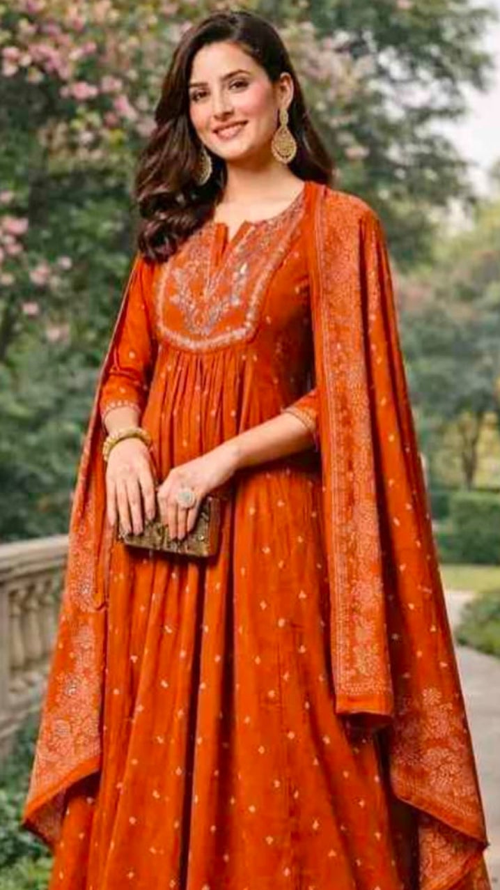 Women’s Rust Orange Embroidered Anarkali Kurta with Palazzo Pants Set
