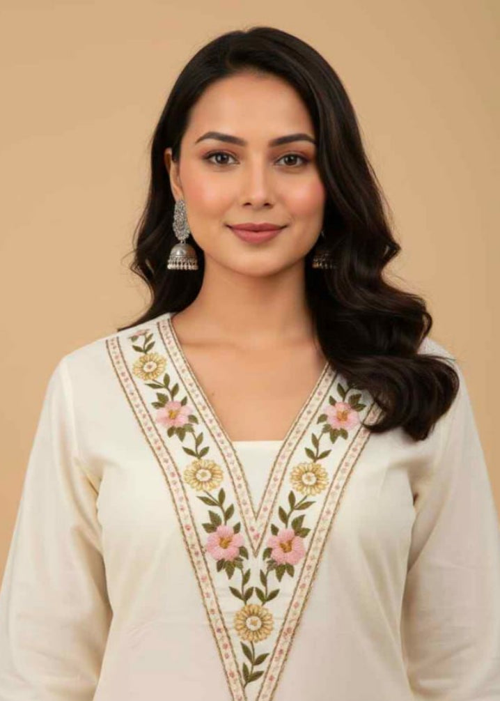 Women’s Off-White Floral Embroidered V-Neck Straight Kurta with Trousers Set