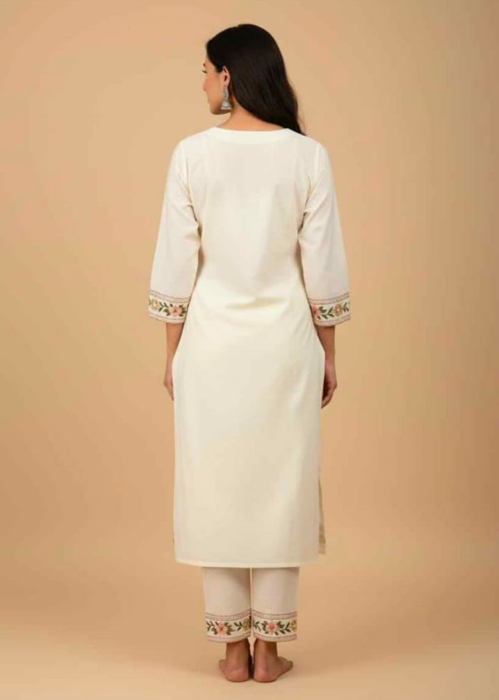 Women’s Off-White Floral Embroidered V-Neck Straight Kurta with Trousers Set