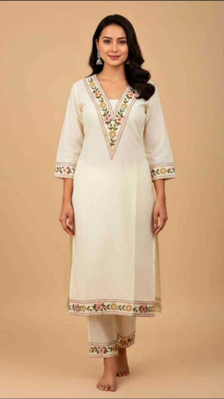 Women’s Off-White Floral Embroidered V-Neck Straight Kurta with Trousers Set