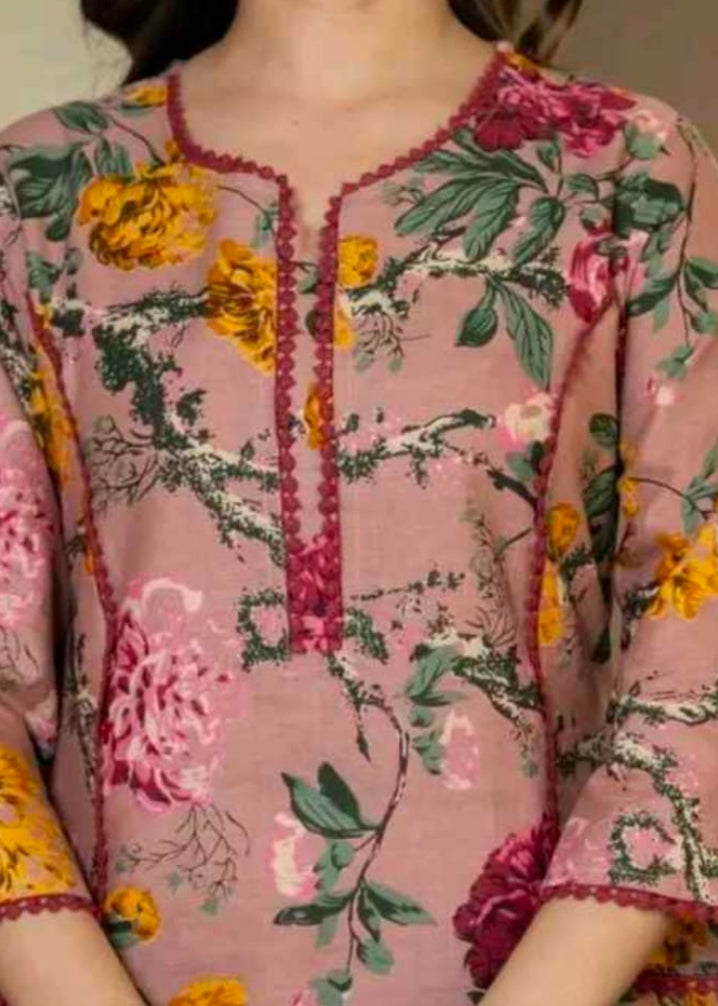 Women’s Dusty Rose Floral Printed Straight Kurti with Lace Trimming Details