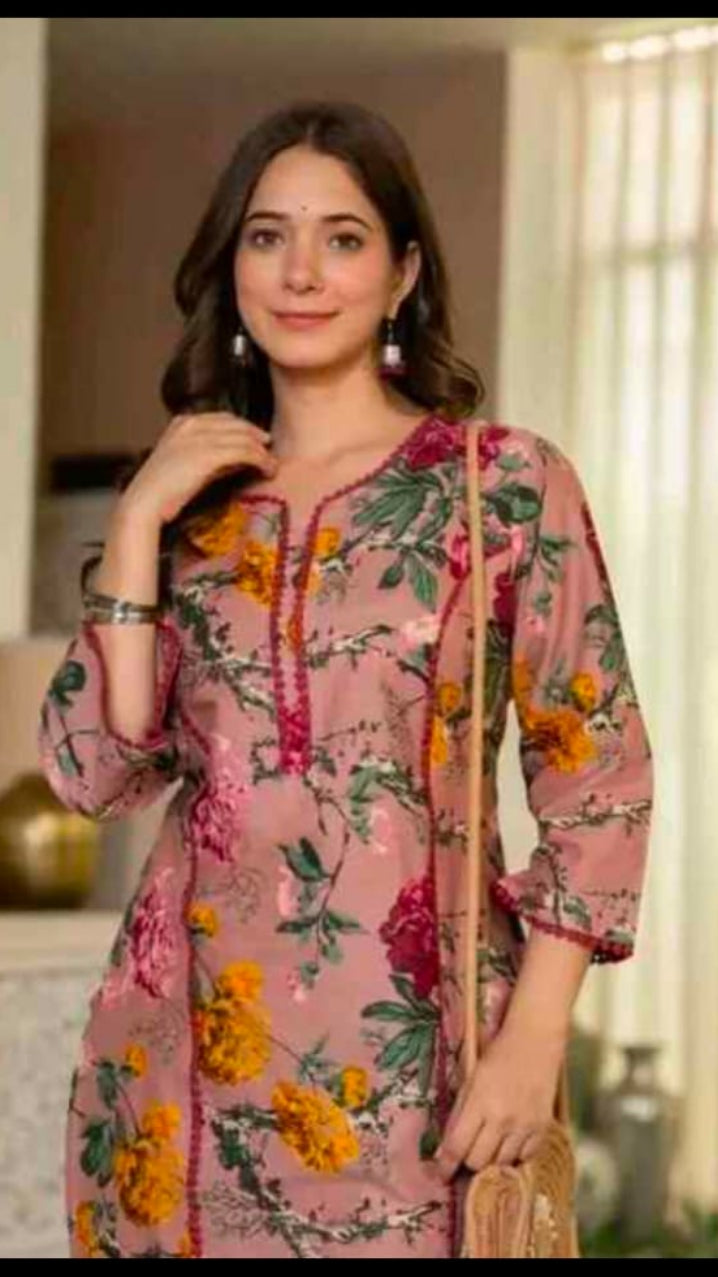 Women’s Dusty Rose Floral Printed Straight Kurti with Lace Trimming Details