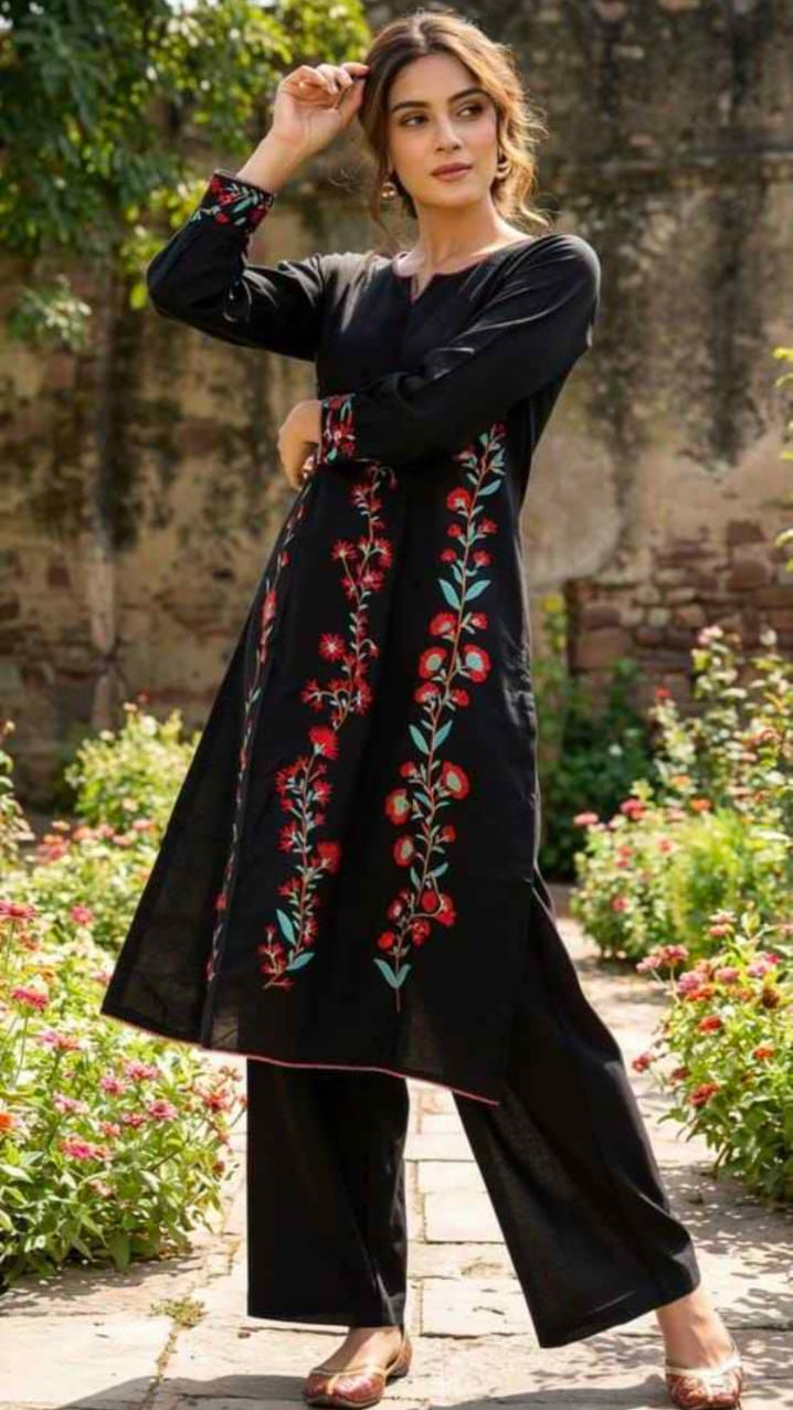 Women’s Black Floral Embroidered Straight Kurta with Palazzo Pants Set