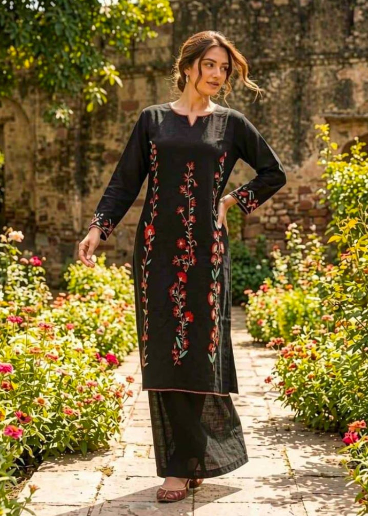 Women’s Black Floral Embroidered Straight Kurta with Palazzo Pants Set
