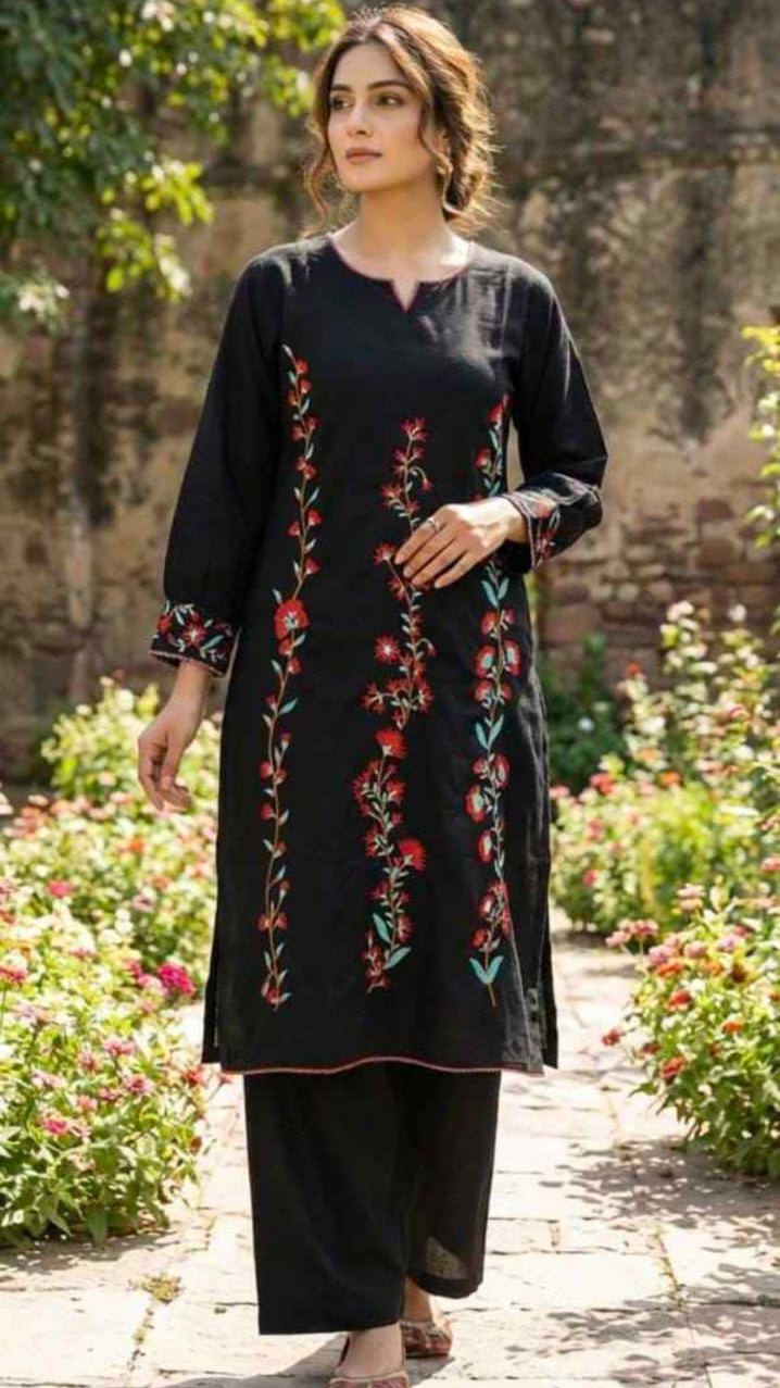Women’s Black Floral Embroidered Straight Kurta with Palazzo Pants Set