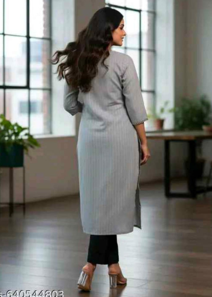 Women’s Grey Embroidered V-Neck Straight Kurta with Black Trousers Set