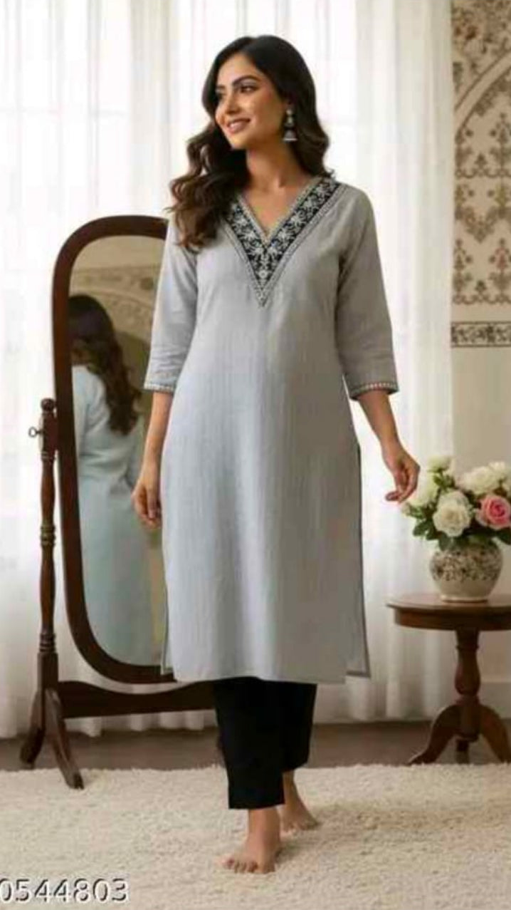 Women’s Grey Embroidered V-Neck Straight Kurta with Black Trousers Set