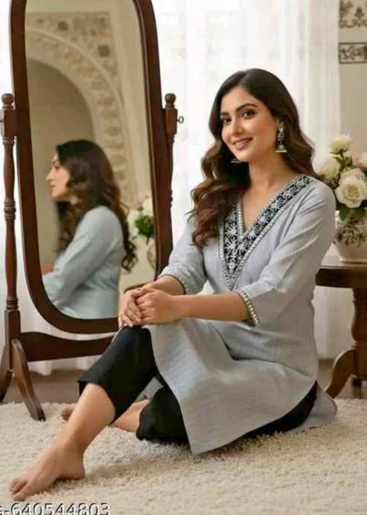 Women’s Grey Embroidered V-Neck Straight Kurta with Black Trousers Set