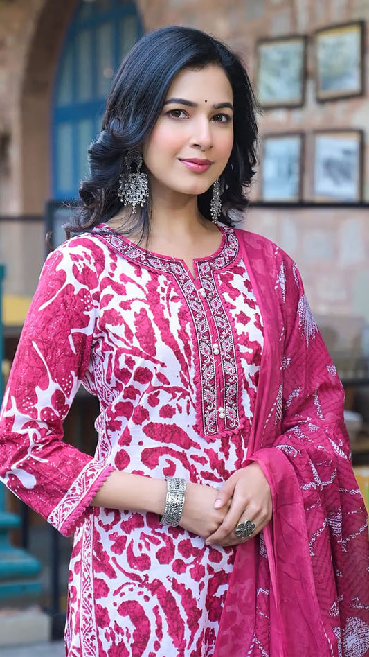 Women's Magenta Floral Block Print Kurta Set with Leheriya Pants & Dupatta