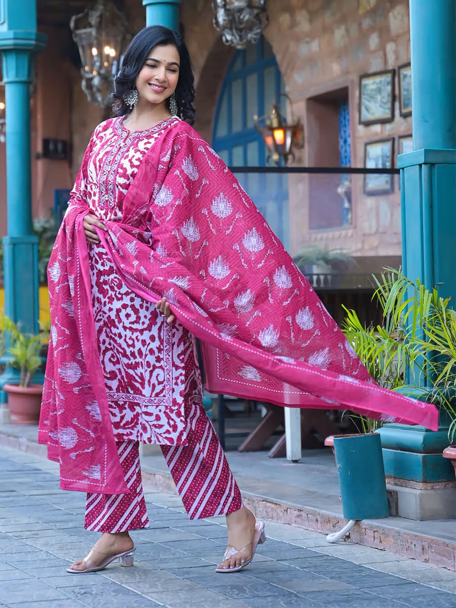 Women's Magenta Floral Block Print Kurta Set with Leheriya Pants & Dupatta