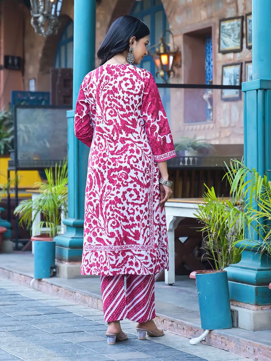Women's Magenta Floral Block Print Kurta Set with Leheriya Pants & Dupatta