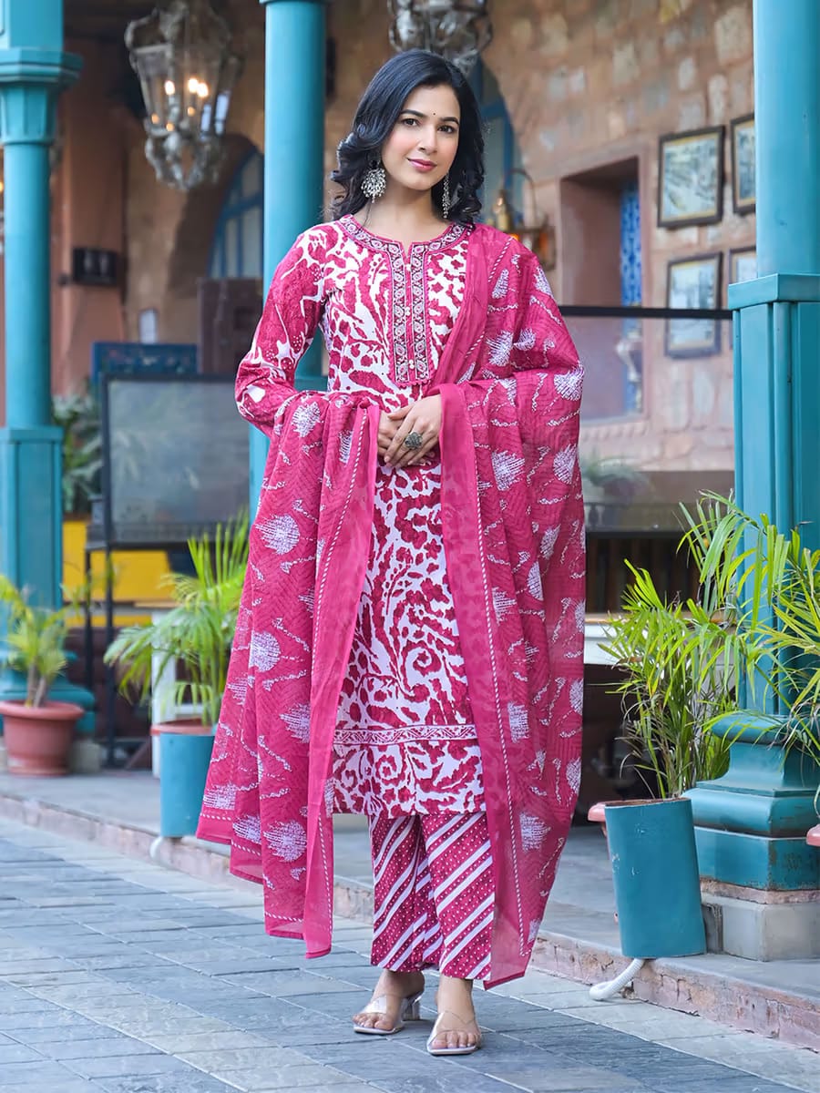 Women's Pink Silk Blend Embroidered Kurta Set with Printed Dupatta