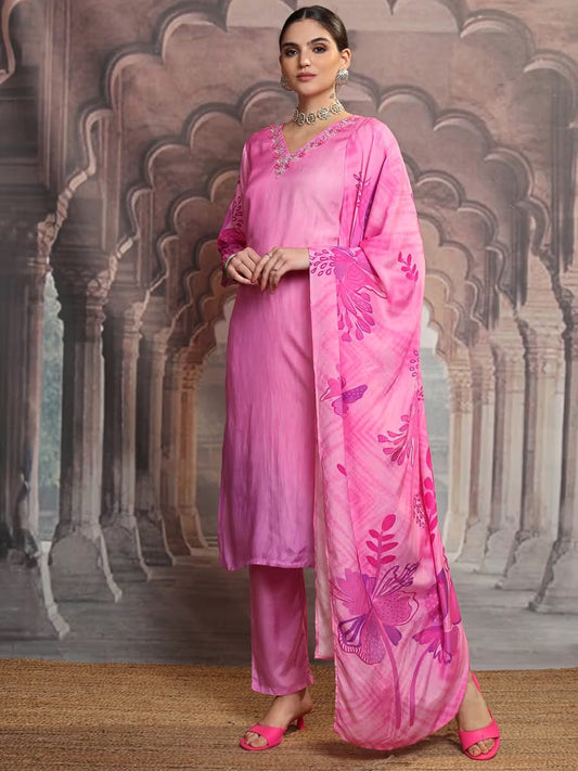 Women's Pink Silk Blend Embroidered Kurta Set with Printed Dupatta
