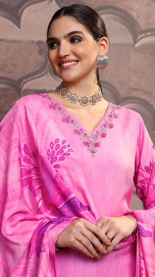 Women's Pink Silk Blend Embroidered Kurta Set with Printed Dupatta