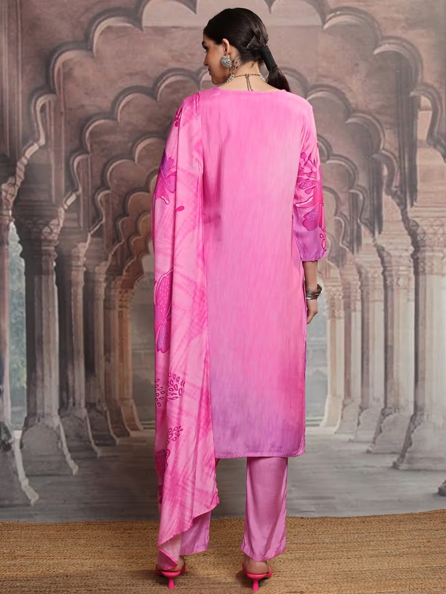 Women's Pink Silk Blend Embroidered Kurta Set with Printed Dupatta
