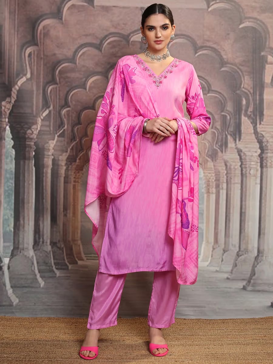 Women's Pink Silk Blend Embroidered Kurta Set with Printed Dupatta