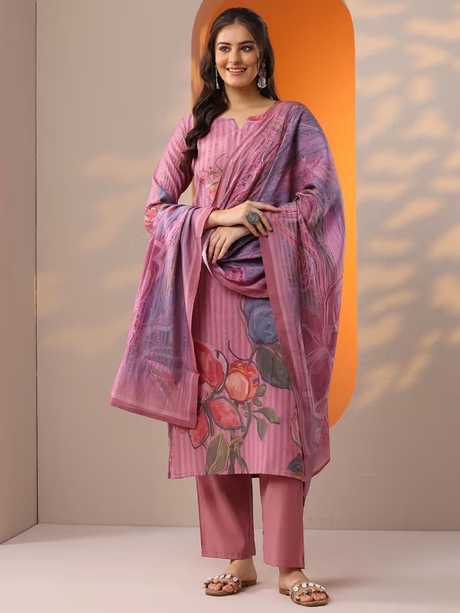 Women's Dusty Pink & Mauve Floral Printed Kurta Set with Dupatta