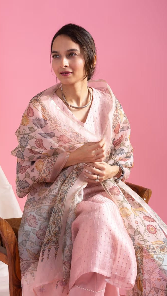 Women's Pastel Pink Chanderi Silk Sequin Embroidered Kurta Set with Botanical Printed Organza Dupatta