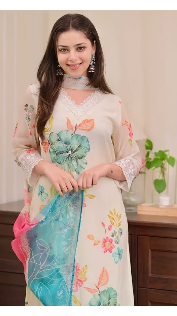 Women's Cream Floral Printed Organza Kurta Set with Colorblocked Dupatta