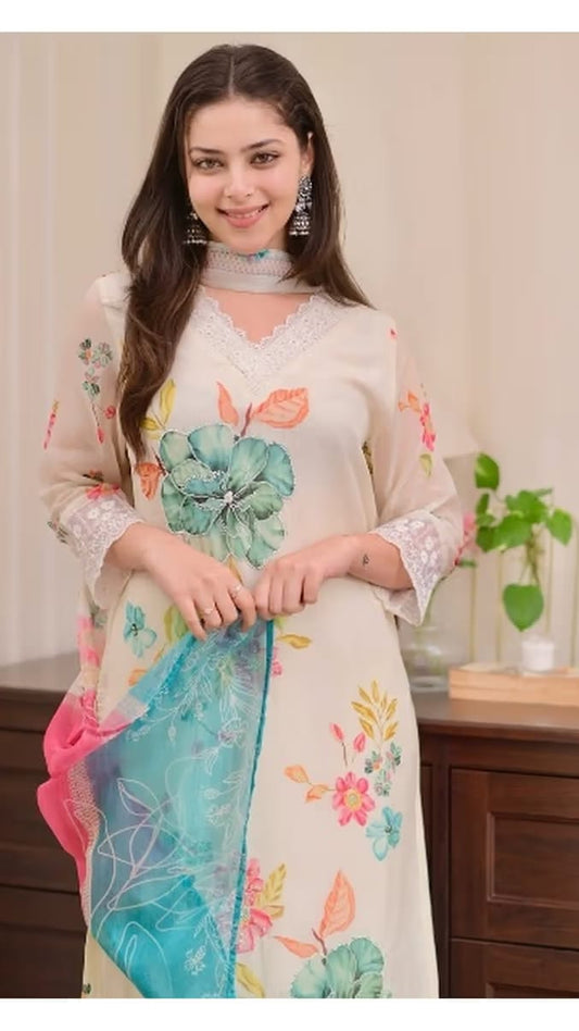 Women's Cream Floral Printed Organza Kurta Set with Colorblocked Dupatta