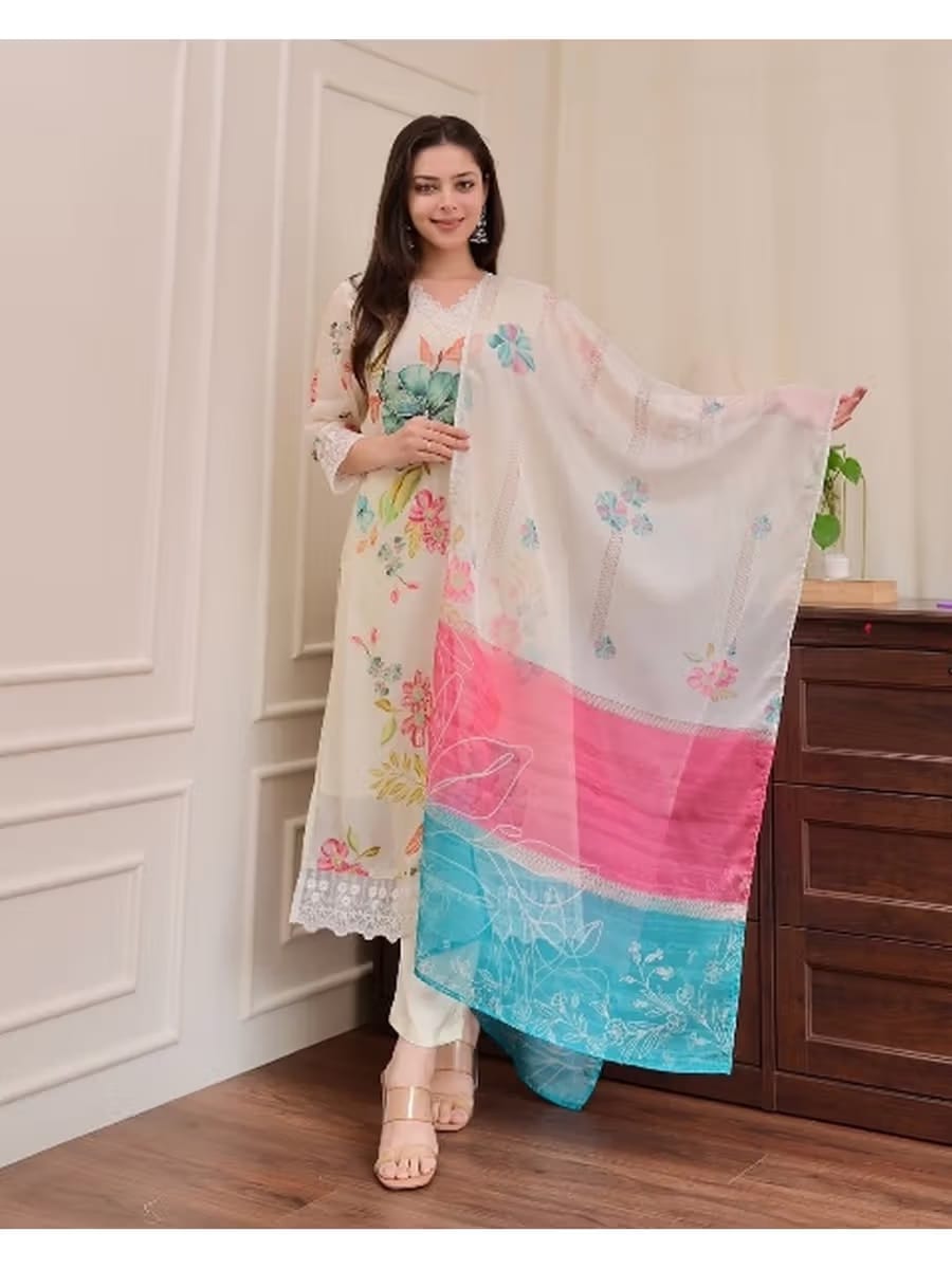 Women's Cream Floral Printed Organza Kurta Set with Colorblocked Dupatta
