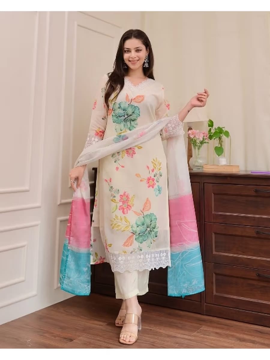 Women's Cream Floral Printed Organza Kurta Set with Colorblocked Dupatta