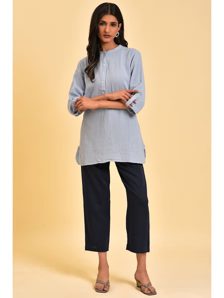 Women's Powder Blue Textured Cotton Tunic Shirt
