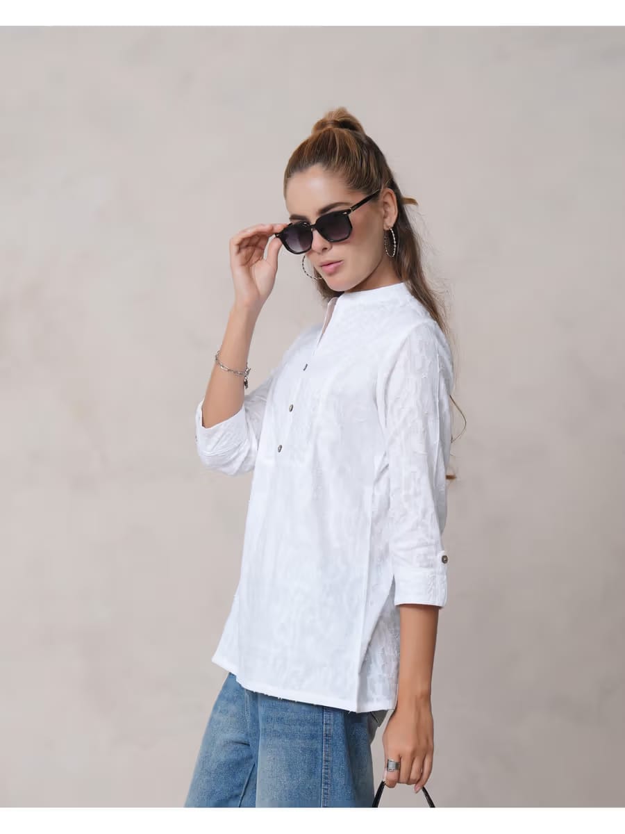 Women's White Embroidered Cotton Short Kurti Tunic