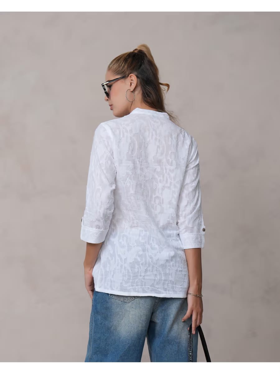 Women's White Embroidered Cotton Short Kurti Tunic