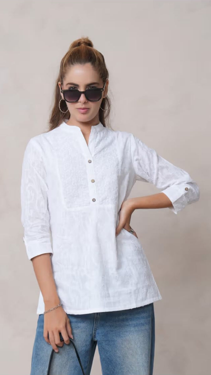 Women's White Embroidered Cotton Short Kurti Tunic