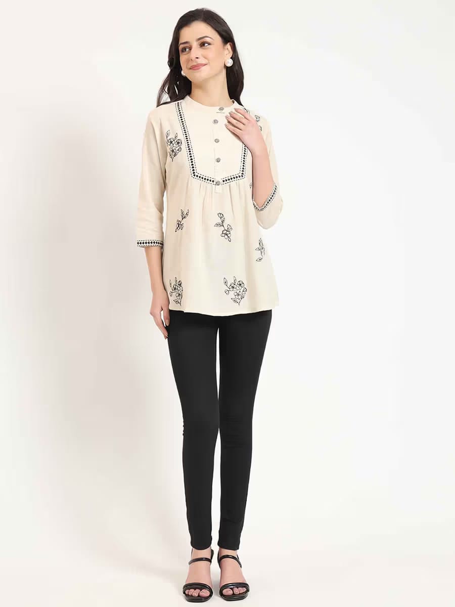Women's Beige Embroidered Short Tunic Top with Pintuck Yoke
