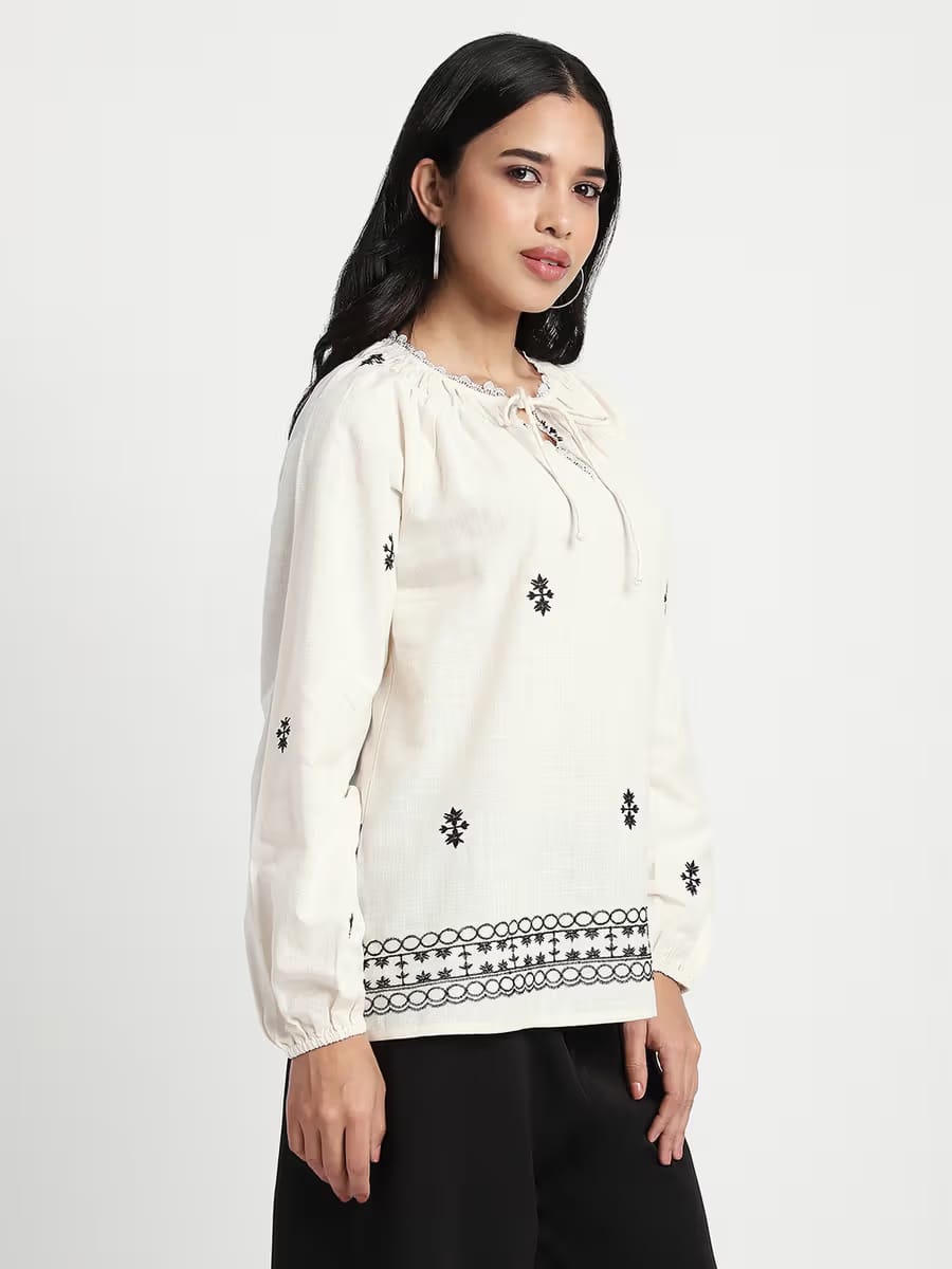 Women's Ivory Embroidered Bohemian Tunic Top with Tie-Up Neck